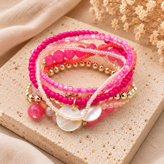 Kralen Armbandenset Roze Multicolor – Elastisch | Dames