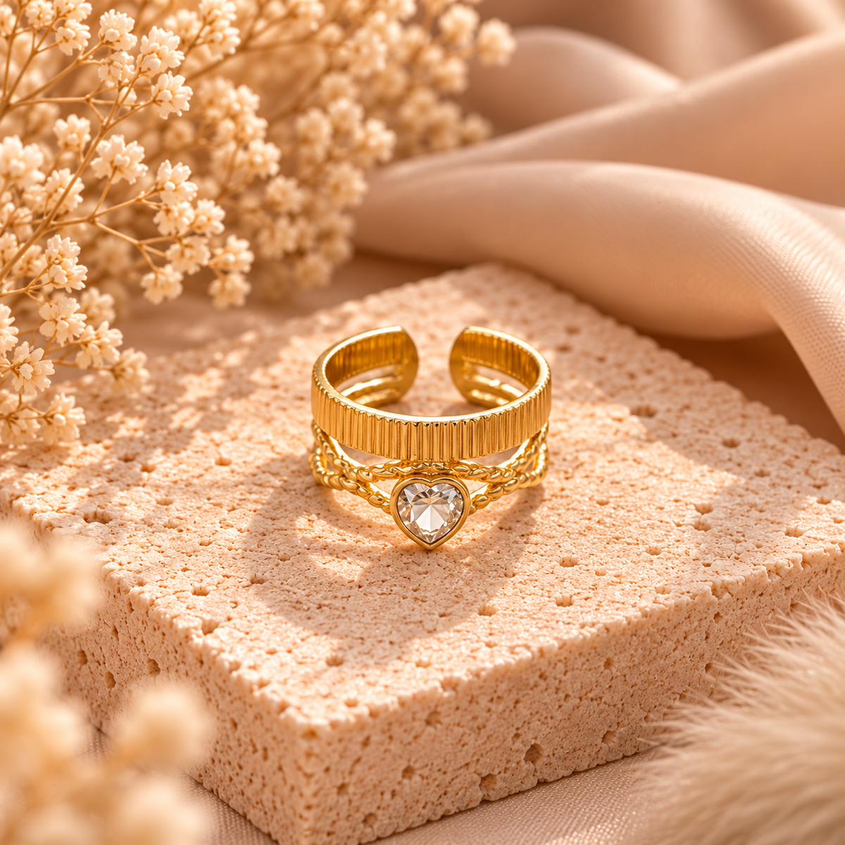 Stainless Steel Verstelbare Hart Ring met Steentje Goudkleurig