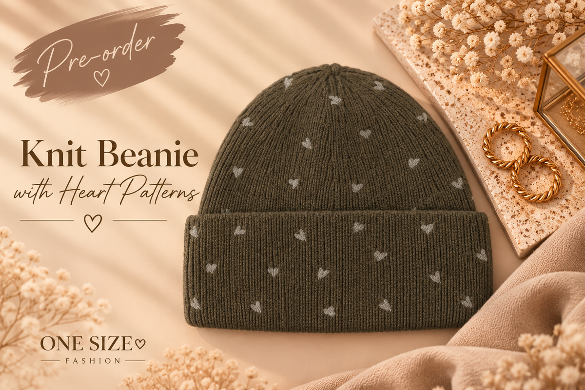 Gebreide Muts met Hartjes – Kaki | One Size Fashion