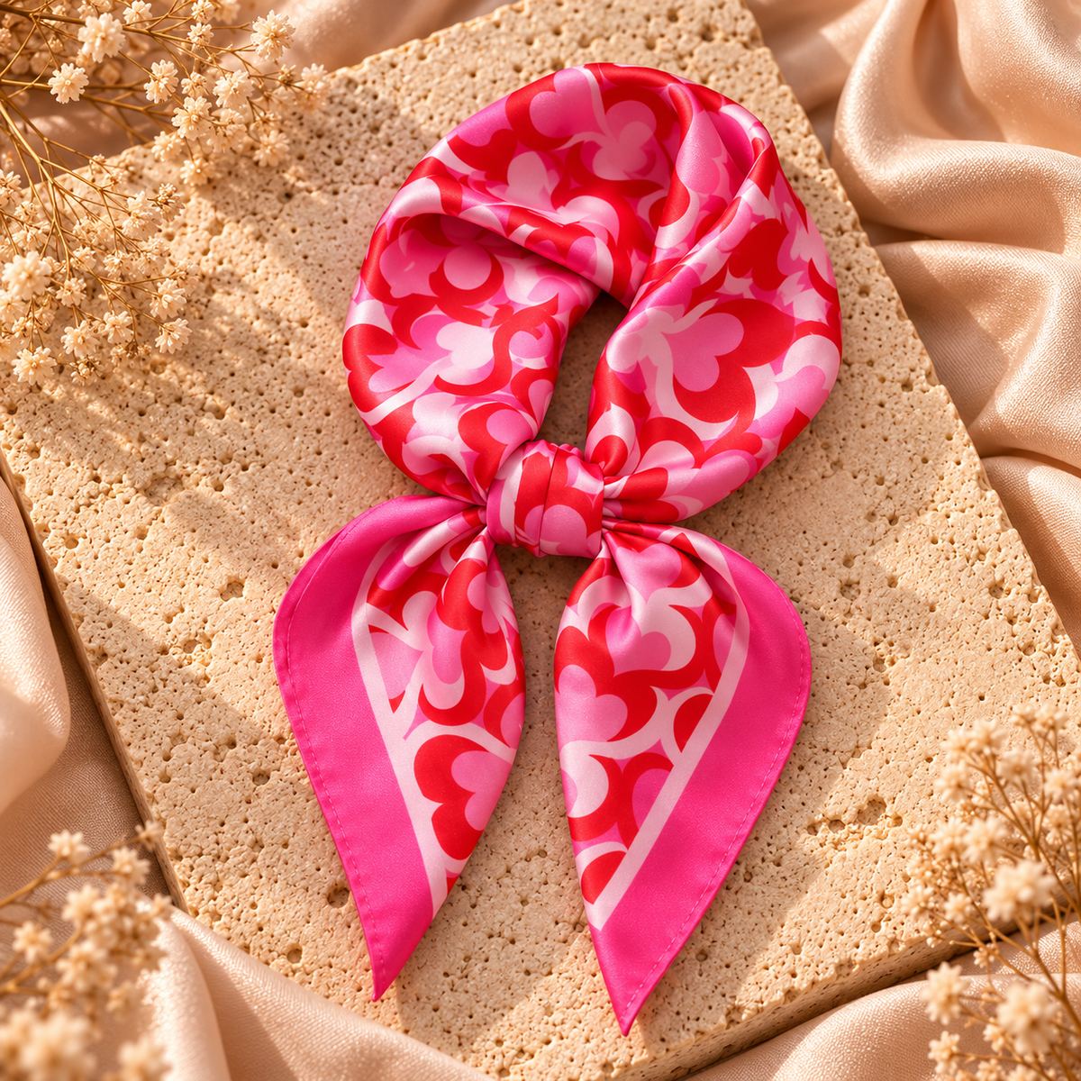 Sweetheart Glow Satijnen Sjaal – Roze Hartjes 70x70 cm | One Size Fashion