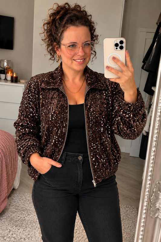 Bruin Pailletten Jasje met Rits – One Size (36-42)