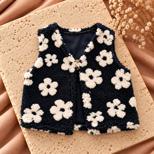 Kinder Teddy Gilet Bloemenprint Donkerblauw Wit