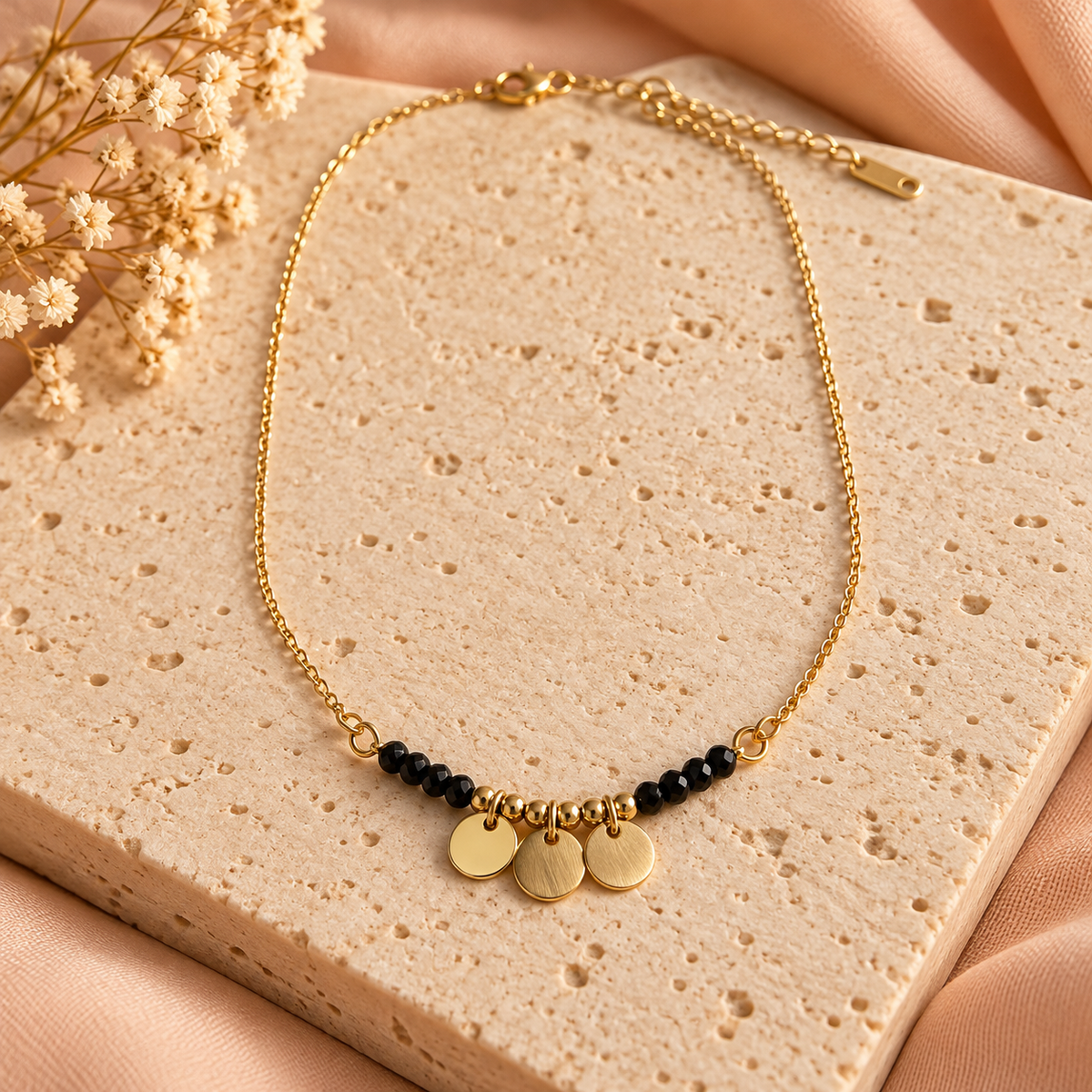 Ketting Zwart Goudkleurig met 3 Ronde Bedels | 37 + 5 cm