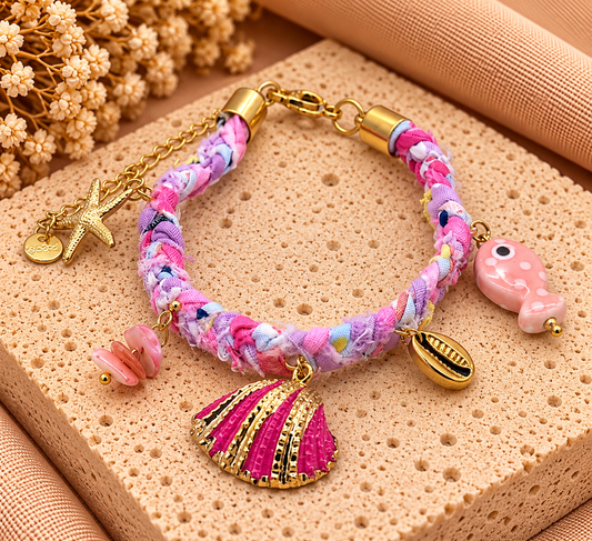 Fabric Armband met Schelpen – Roze/Goudkleurig – RVS – 17-21 cm