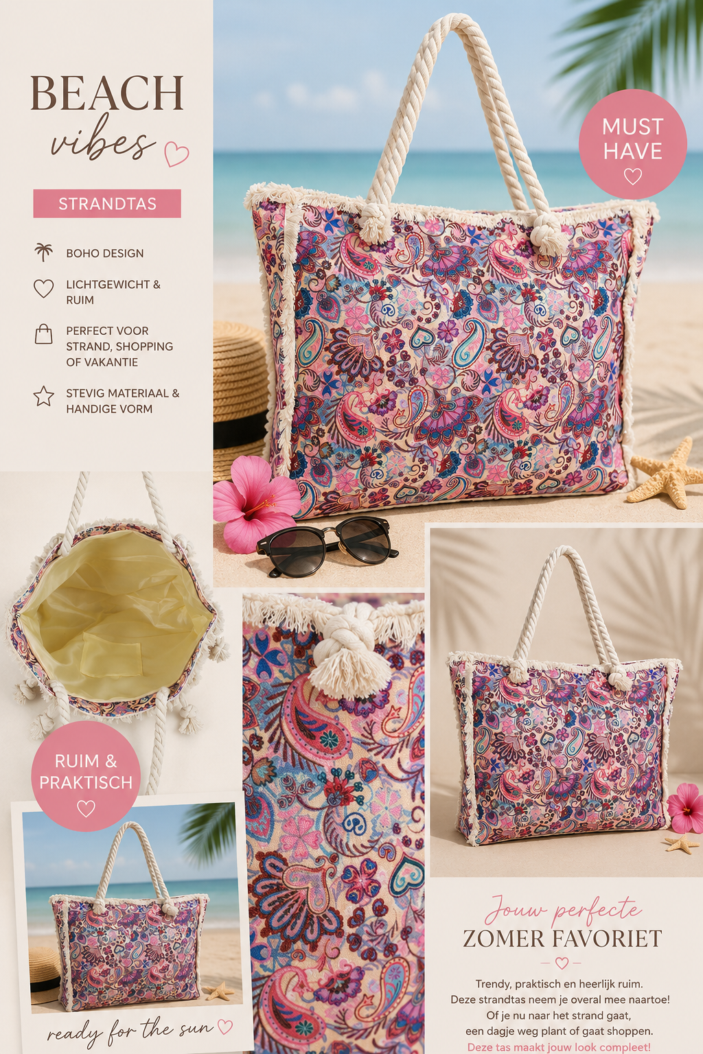 Boho Strandtas Paisley Pink 50x40x10 cm dames strandtas One Size Fashion