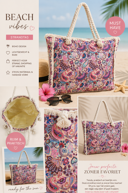 Boho Strandtas Paisley Pink 50x40x10 cm dames strandtas One Size Fashion