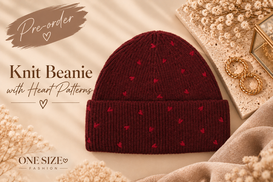 Gebreide Muts met Hartjes – Burgundy | One Size Fashion