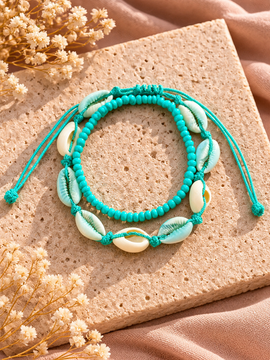 Turquoise Schelp Enkelbandjes Set | One Size Fashion