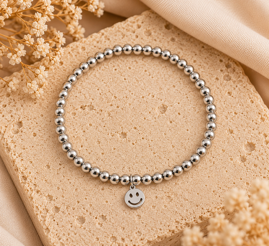 Stainless Steel Smiley Armband – Elastisch Zilver 4 mm
