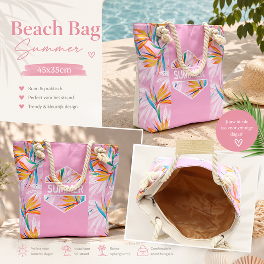 Beach Bag Summer Roze Tropische Strandtas 45x35 cm dames strandtas One Size Fashion