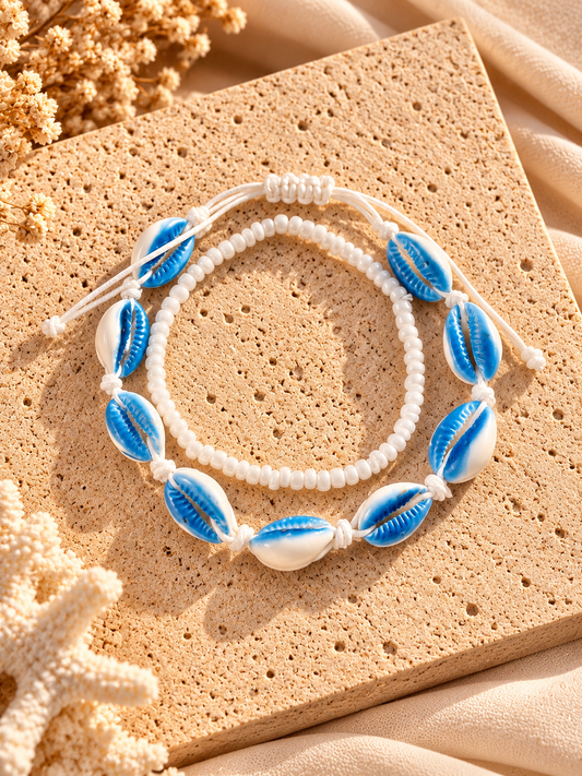 Set van 2 Enkelbandjes met Schelpjes & Witte Kralen | One Size Fashion