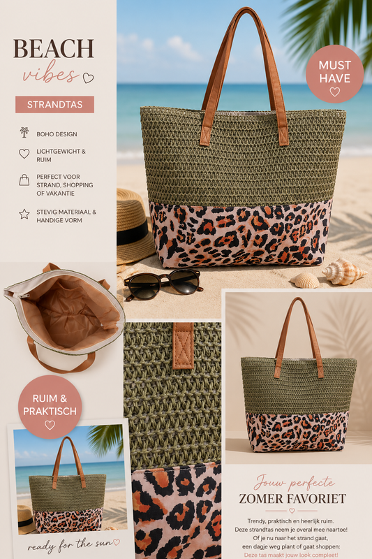 Groene Strandtas met Leopard Print Shopper Tas dames strandtas One Size Fashion