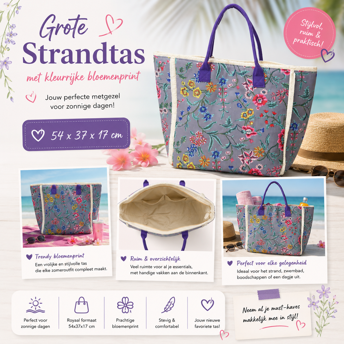 Grote Strandtas Grijs met Bloemenprint en Paarse Hengsels 54x37x17 cm dames strandtas One Size Fashion