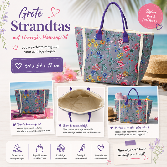 Grote Strandtas Grijs met Bloemenprint en Paarse Hengsels 54x37x17 cm dames strandtas One Size Fashion